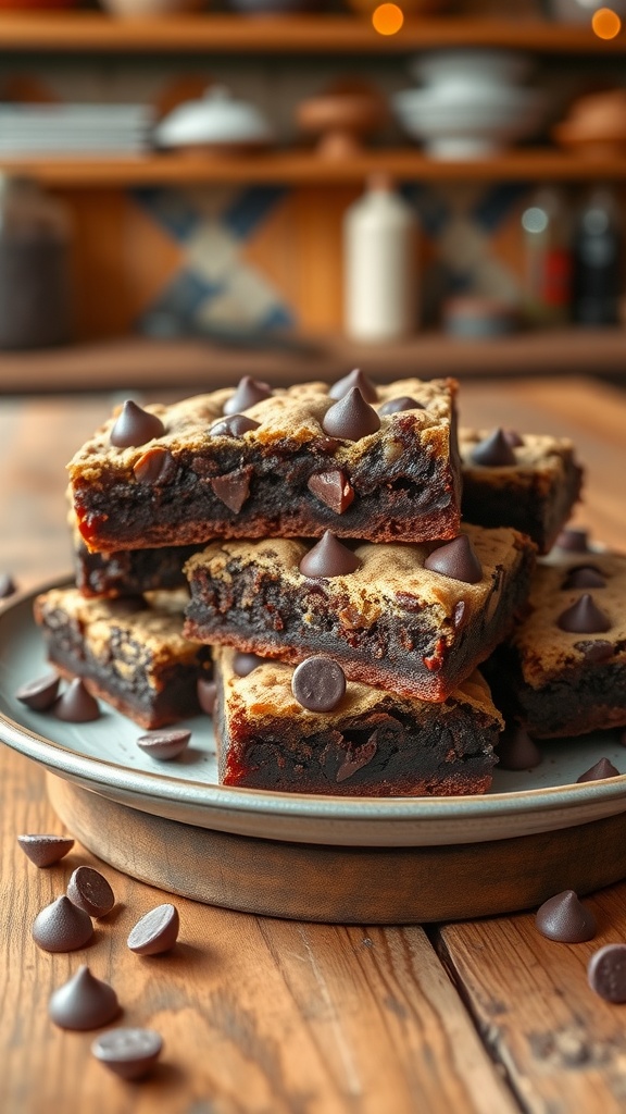A plate of fudgy chewy browkies with chocolate chips, set on a rustic table with scattered chocolate chips.